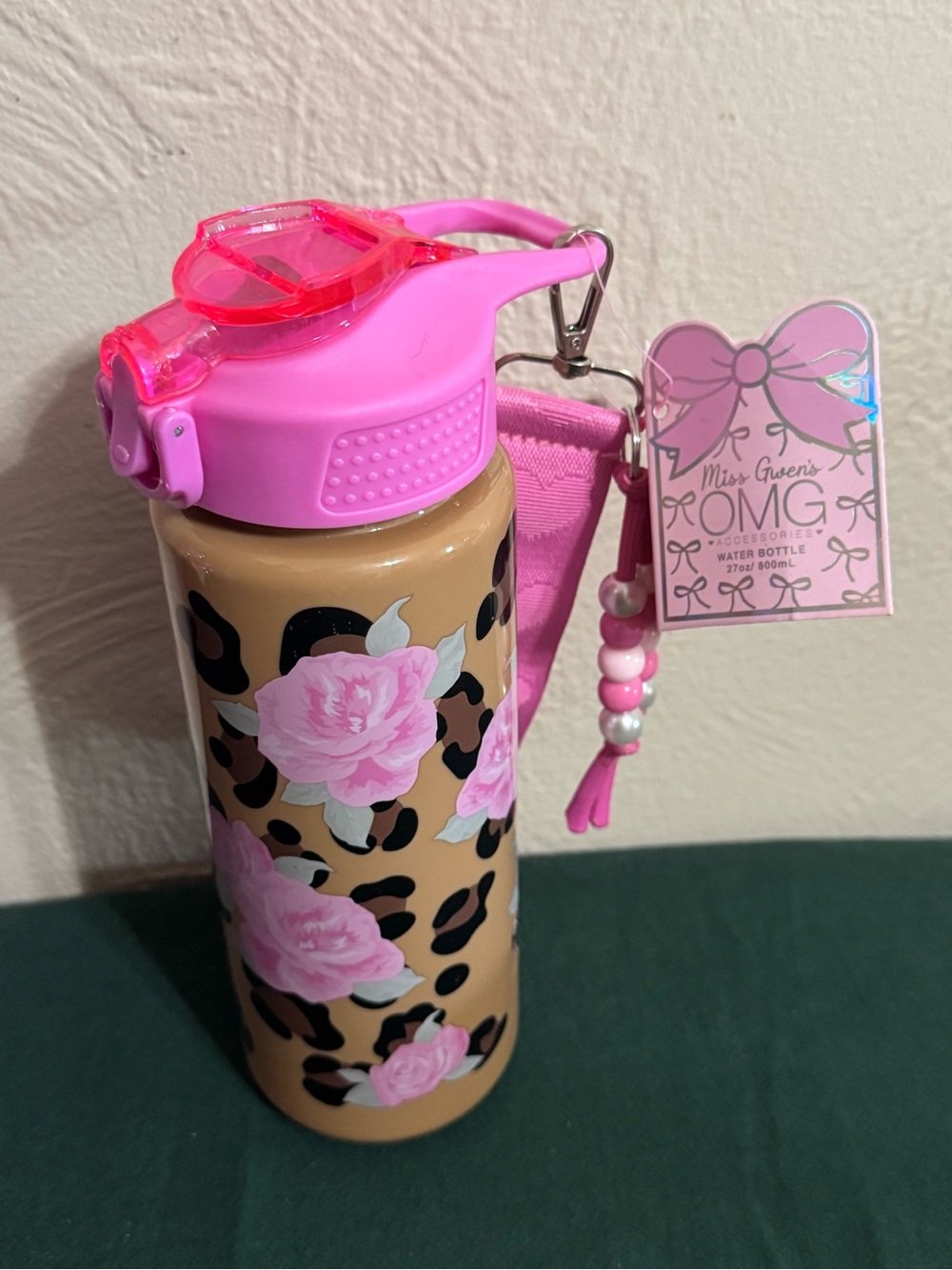 Pink Floral Leopard Kids Water Bottle with Strap